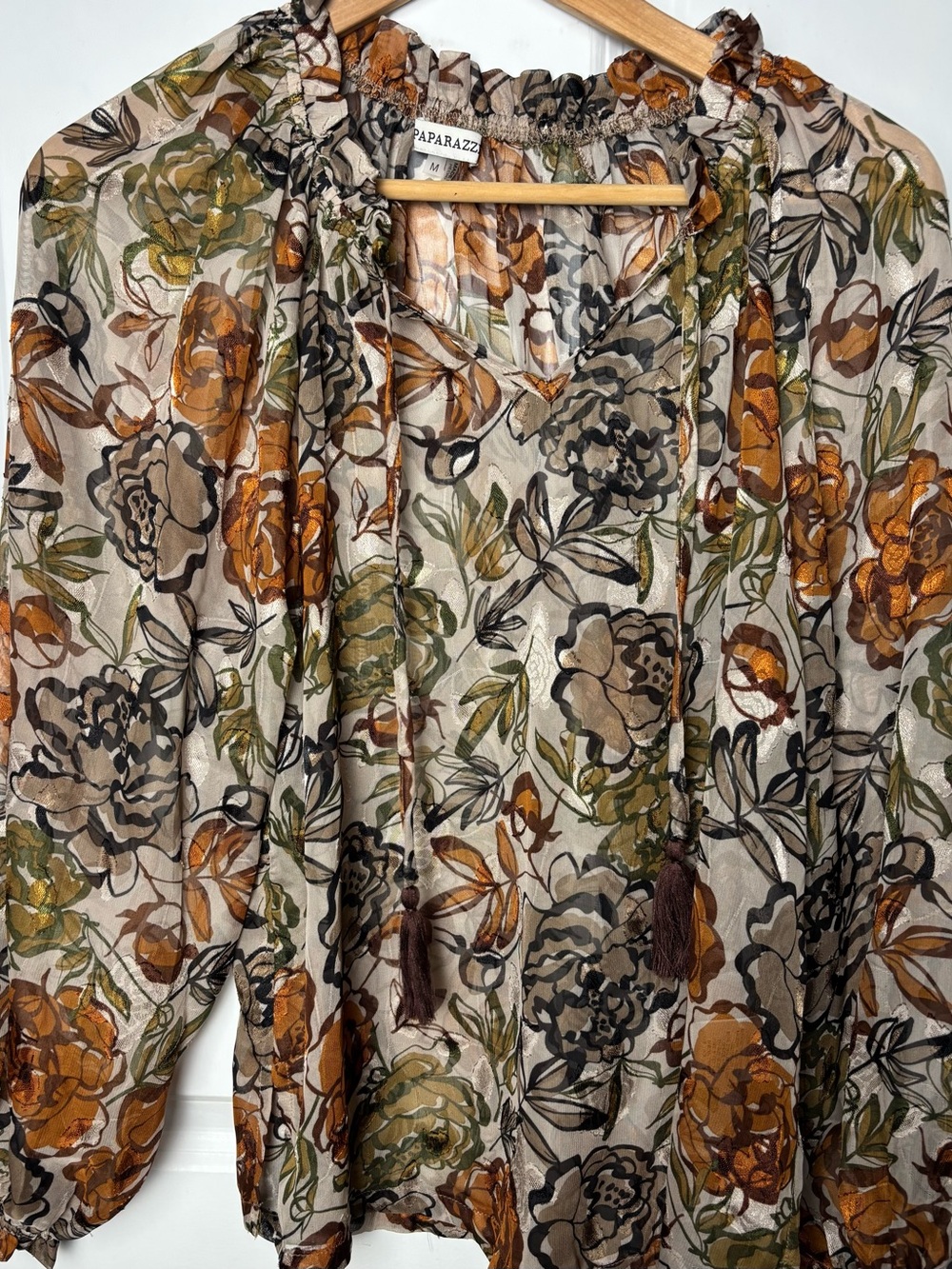 PAPARAZZI Sheer Floral Metallic Peasant Blouse Boho Top M Festival Dinner Date